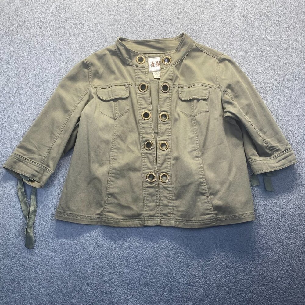 AMI Jean‎ Jacket Womens Size 1X Green Stretch Denim Grommet Hook Eye Festival